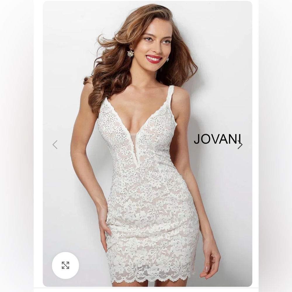 Jovani 65576 Ivory Lace Plunging Neckline Cocktail Dress Size 2